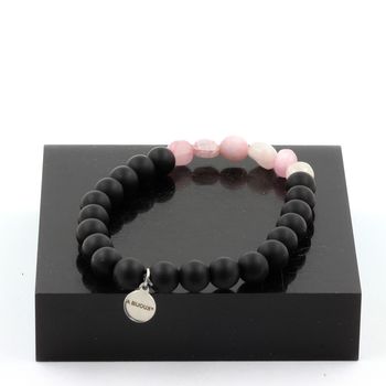 Bracelet Kunzite du Brésil + Perles Onyx noir mat + bois 8 mm.
