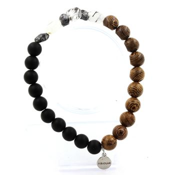 Bracelet Quartz à inclusions de Tourmaline du Brésil + Perles Onyx noir mat + bois 8 mm.