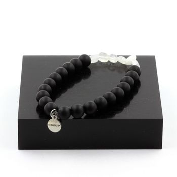 Bracelet Pierre de lune d'Inde + Perles Onyx noir mat 8 mm.