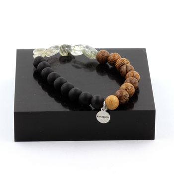 Bracelet Quartz Tourmaline rutile du Brésil + Perles Onyx noir mat + bois 8 mm.