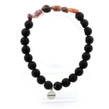 Bracelet Tourmaline Rubellite du Brésil + Perles Onyx noir mat 8 mm.