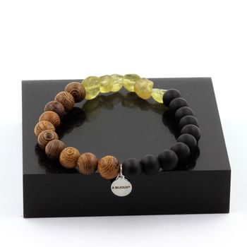 Bracelet Apatite jaune de Madagascar + Perles Onyx noir mat + bois 8 mm.