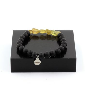 Bracelet Apatite jaune de Madagascar + Perles Onyx noir mat 8 mm.