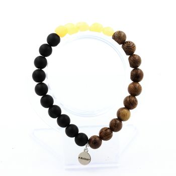 Yellow Calcite from UK + Matte Black Onyx + wood Bracelet 8 mm Beads.