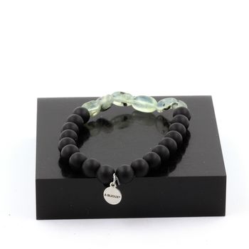 Bracelet Prehnite du Canada + Perles Onyx noir mat 8 mm.