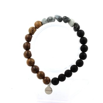 Hawk's Eye from South Africa + Matte Black Onyx + wood Bracelet 8 mm Beads.