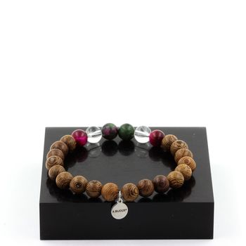 Bracelet Perles Epidote d'Australie + Oeil de Tigre Fuschia + Quartz + bois 8 mm.