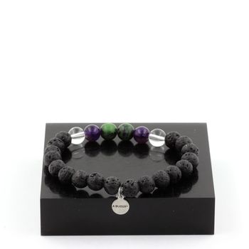 Epidote from Australia + Amethyst + Quartz + Lava Bracelet 8 mm Beads.