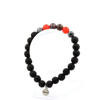 Bracelet Perles Rubis de Mogok, Birmanie, Myanmar + Calcédoine rouge + Obsidienne Flocon de Neige + Lave 8 mm.