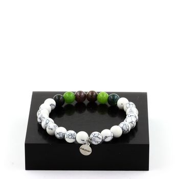 Bracelet Perles Rubis de Mogok, Birmanie, Myanmar + Péridot + Agate mousse + Howlite 8 mm.