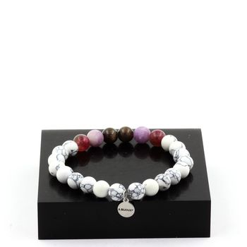 Ruby from Mogok, Burma, Myanmar + Matte purple Mica + bicolor Tourmaline + Howlite Bracelet 8 mm Beads.