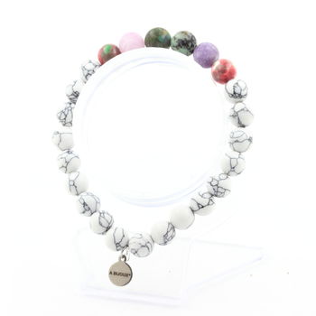 Bracelet Perles Turquoise Africaine + Mica violet mat + Jaspe vert rouge + Howlite 8 mm.
