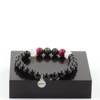 Emerald from Zambia + Selenite from Morocco + Fuschia Tiger’s Eye + Black Agate Bracelet 8 mm Beads.