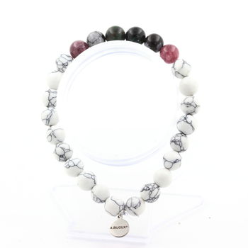 Bracelet Perles Emeraude de Zambie + Lépidolite + Obsidienne Flocon de Neige + Howlite 8 mm.