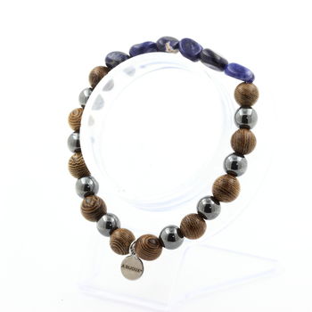 Sodalite from Brazil + Hematite + wood 8 mm beads Bracelet.