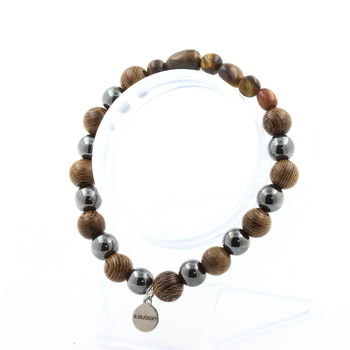 Tiger's Eye from South Africa + Hematite + wood 8 mm beads Bracelet.