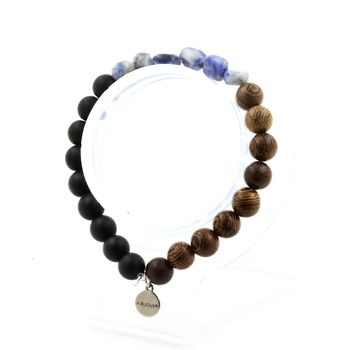 Bracelet Jaspe bleu d'Afrique du Sud + Perles Onyx noir mat + bois 8 mm.