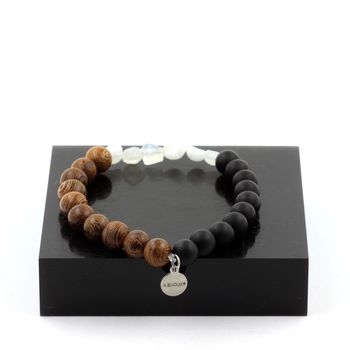 Bracelet Pierre de lune d'Inde + Perles Onyx noir mat + bois 8 mm.