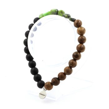 Bracelet Jade Nephrite de Xiuyan Chine + Perles Onyx noir mat + bois 8 mm.