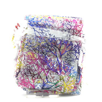 10 white Organza Bags multicolored tree pattern for Jewelry, Gifts