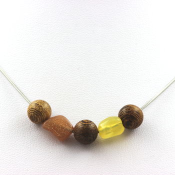 Necklace 8 mm wooden beads + Sunstone from Tanzania + Yellow opal from Australia