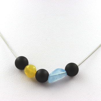 Necklace 8 mm beads Matte black Onyx 8 mm + Aquamarine from Brazil + yellow Opal from Australia
