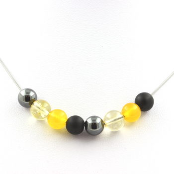 Collier perles Hématite + Onyx noir mat + Citrine + Agate jaune 8 mm
