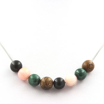 Necklace Malachite from Congo + Black Obsidian + Pink Opal + wood beads 8 mm