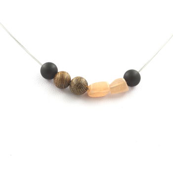 Necklace Sunstone from Tanzania + Matte Black Onyx Beads + Wood 8 mm