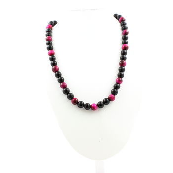 Black Agate + Fuschia Tiger’s Eye 8 mm beaded necklace