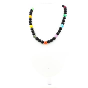 Collier perles Agate rubanée multicolore + Onyx noir mat 8 mm