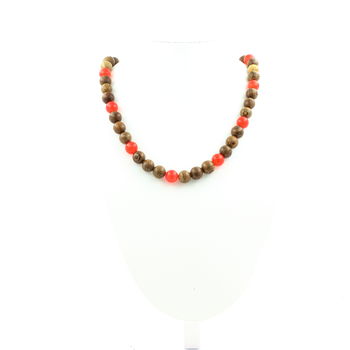 Collier perles Calcédoine rouge + bois 8 mm