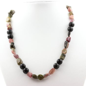 Collier perles Tourmaline multicolore du Brésil + Obsidienne noire 8 mm.