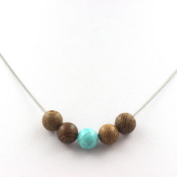 Wood + Howlite Turquoise 8 mm beaded necklace Stainless steel chain