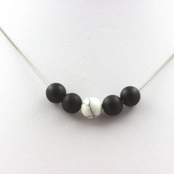 Matte Black Onyx + Howlite 8 mm beaded necklace Stainless steel chain