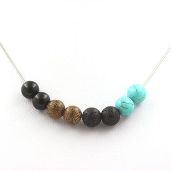 Howlite Turquoise + Lava + Black Agate + wood 8 mm beaded necklace Stainless steel chain