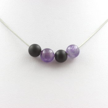 Amethyst + Matte Black Onyx 8 mm beaded necklace Stainless steel chain