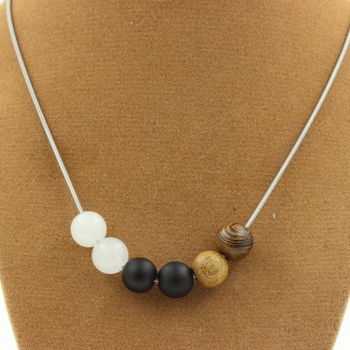 Moonstone + Matte Black Onyx + Wood 8 mm beaded necklace Stainless steel chain