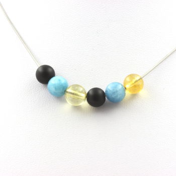 Citrine + Blue Chalcedony + Matte Black Onyx 8 mm beaded necklace Stainless steel chain