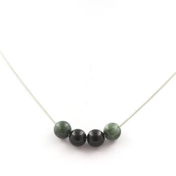 Collier perles Agate noire + Seraphinite de Russie 8 mm. Chaine en acier inoxydable.
