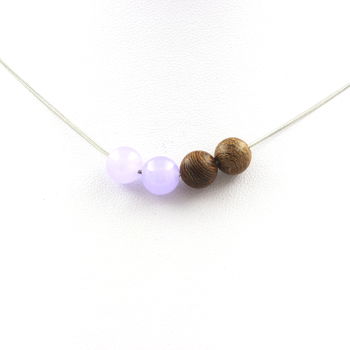 Lavender chalcedony + wood 8 mm beaded necklace Stainless steel chain