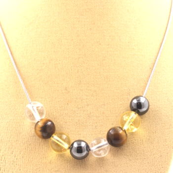 Tiger Eye + Citrine + Quartz + Hematite 8 mm beaded necklace Stainless steel chain