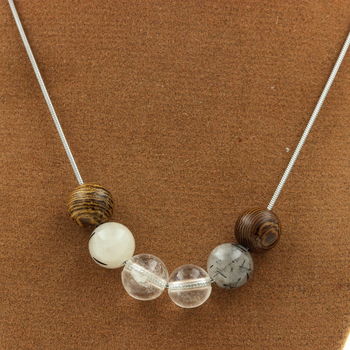 Black rutile quartz + Quartz + wood 8 mm beaded necklace Stainless steel chain
