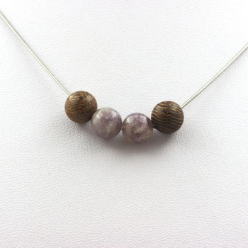 Violet mica from Tanzania + wood 8 mm beaded necklace Stainless steel chain