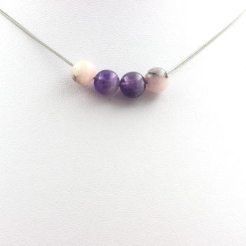 Pink Opal + Amethyst 8 mm beaded necklace Stainless steel chain