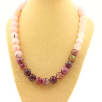 Two-tone Tourmaline + Pink Opal + Rose Quartz 8 mm beaded necklace Stainless steel chain