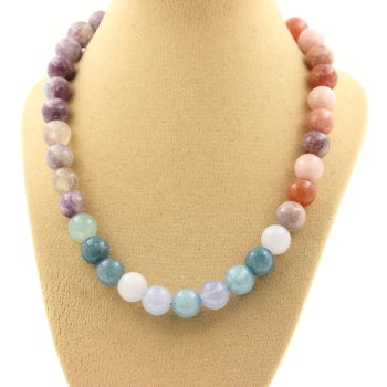 Violet Mica from Tanzania + Sunstone + Aquamarine 8 mm beaded necklace Stainless steel chain