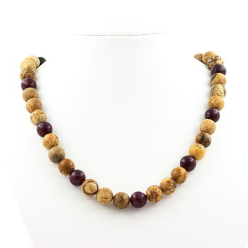 Landscape Jasper + Garnet 8 mm beaded necklace Stainless steel chain