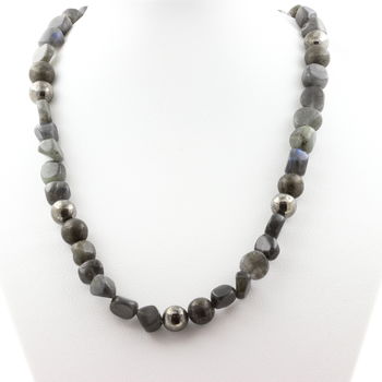 Labradorite from Finland + Pyrite from Spain 8 mm beaded necklace Stainless steel chain