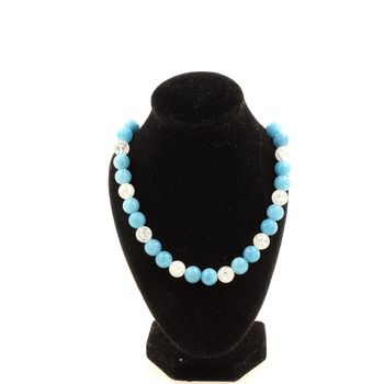 Cracked Quartz from Brazil + Blue Chalcedony 8 mm beaded necklace Stainless steel chain